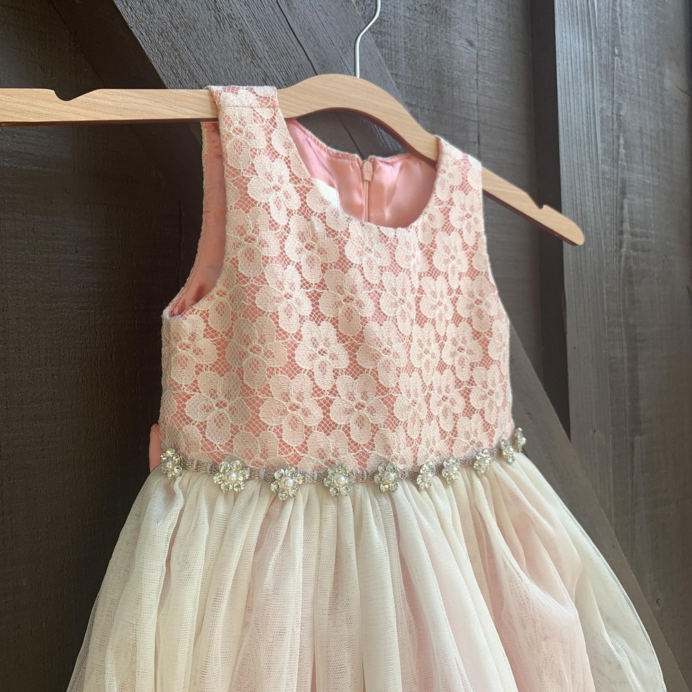 American Princess Girls 2T Pink Ivory Lace Tulle Flower Girl Party Easter Dress - Picture 2 of 14